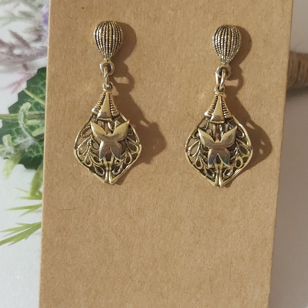 Vintage Gold Plated Butterfly & Leaf Filigree Dangle Earrings - Picture 13 of 13
